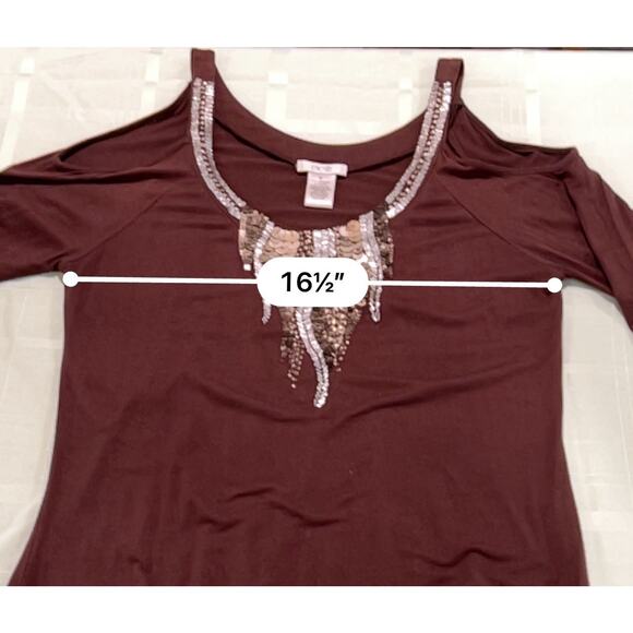 Vintage Cache Brown Long Sleeve Sequin Embellished Top Scoop Neckline Size Med - Picture 9 of 10